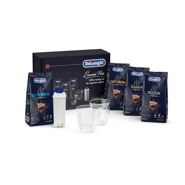 DeLonghi Pack esencial con café en grano De'Longhi 4x250 g, vasos Cappuccino x2 y filtro de agua