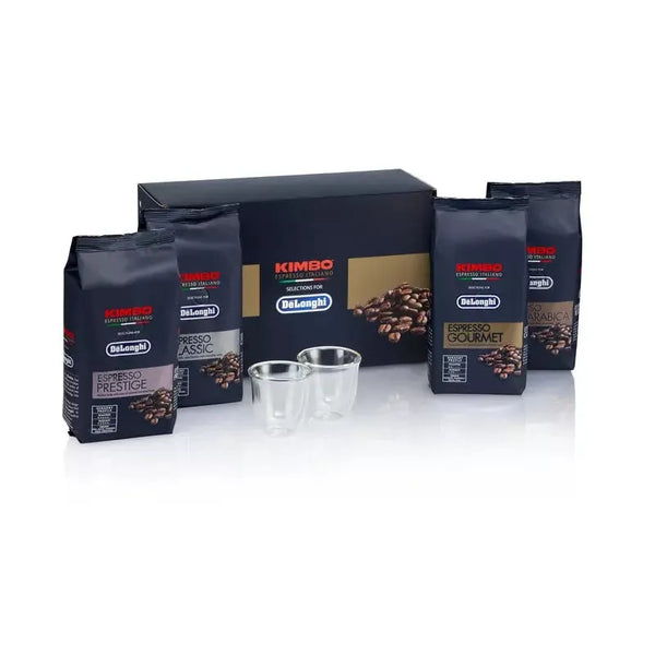 DeLonghi Kimbo Coffee Tasting Kit 4 x 250g, and two Espresso cups DLSC