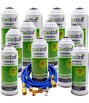 Pack 12 botellas gas refrigerante GASICA D2 - R12 R134a + manguera carga 1/4"x1/4" + válvula