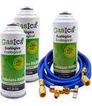 Pack 3 botellas gas refrigerante GASICA D2 - R12 R134a + manguera carga 5/16"x1/4" + válvula