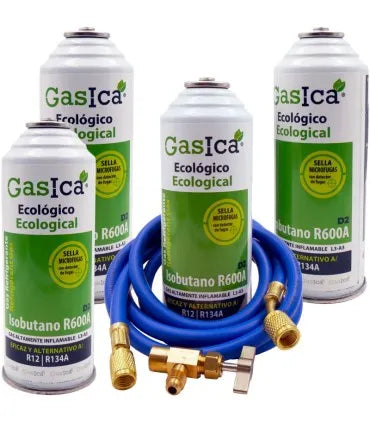 Pack 4 botellas gas refrigerante GASICA D2 - R12 R134a + manguera carga 5/16"x1/4" + válvula