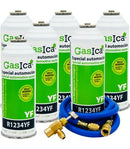 Pack 6 botellas gas refrigerante GASICA YF - R1234yf + manguera carga 5/16"x1/4" + válvula